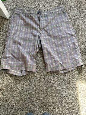 Men's Adidas Plaid Cotton Blend Shorts - Gray with Green & Blue Accent